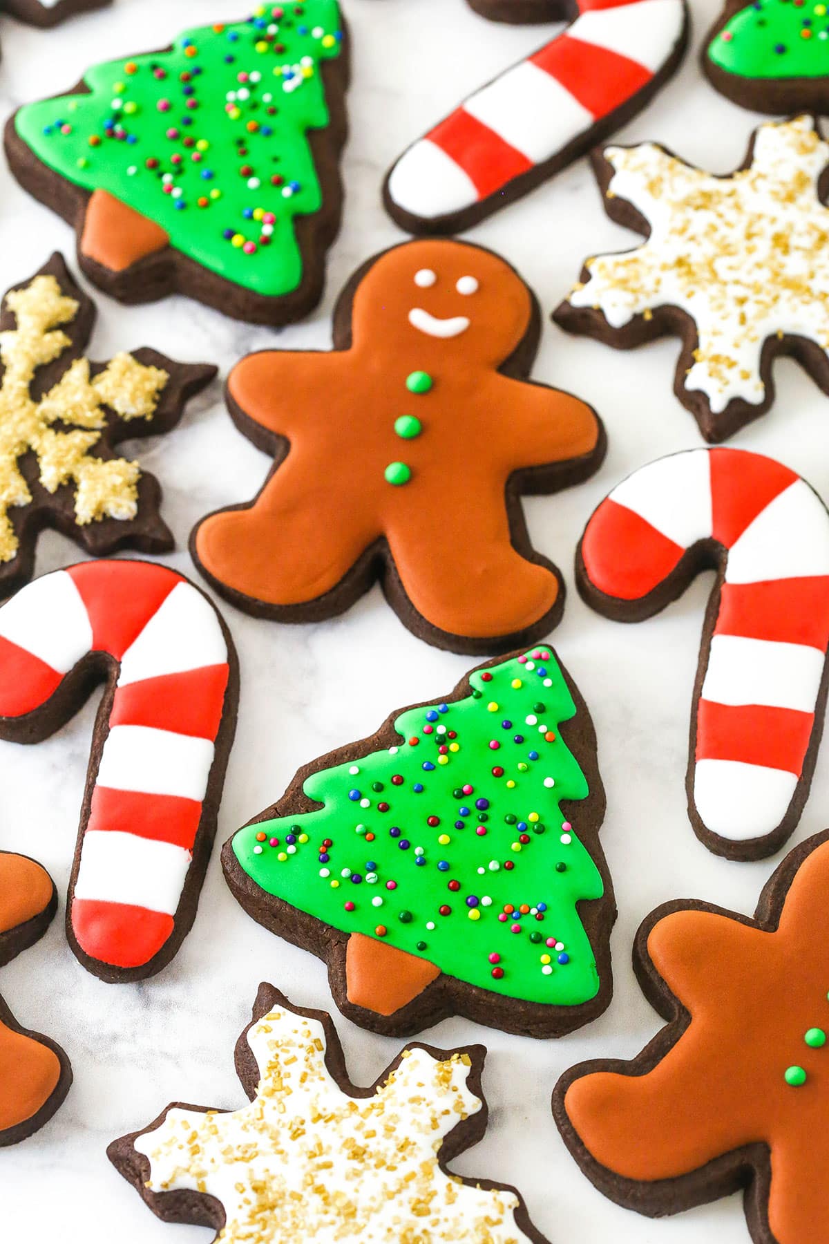Perfectly soft and chewy, Chocolate Cut Out Cookies are easy cookies that the whole family will love. Decorate with your favorite icing. angled view of chocolate cut out cookies decorated for Christmas