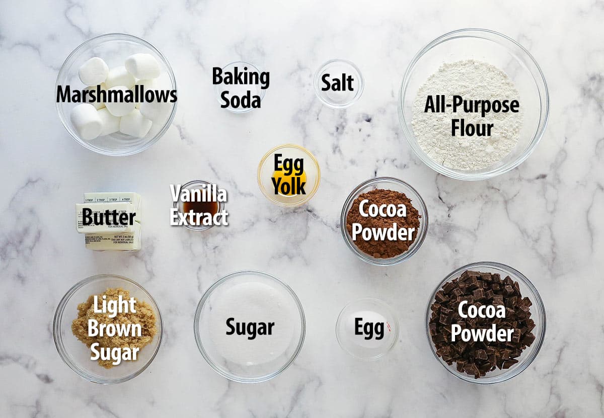 Labeled photo of ingredients needed to make chocolate marshmallow cookies