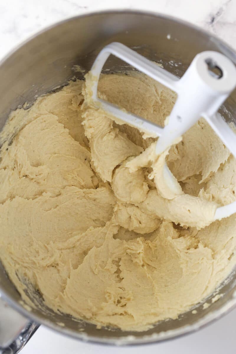 Creamed butter and sugar in a mixing bowl.