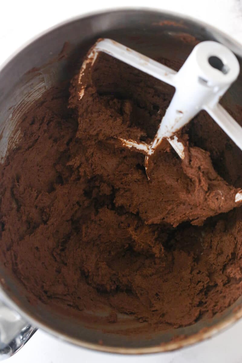 Chocolate cookie dough in a mixing bowl