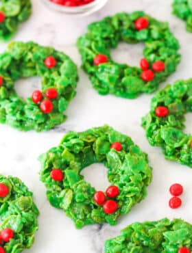 Christmas cornflake wreath cookies on a white background