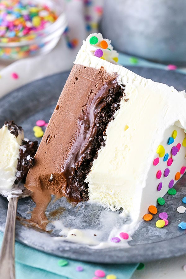 slice of Copycat Dairy Queen Ice Cream Cake with a bite taken