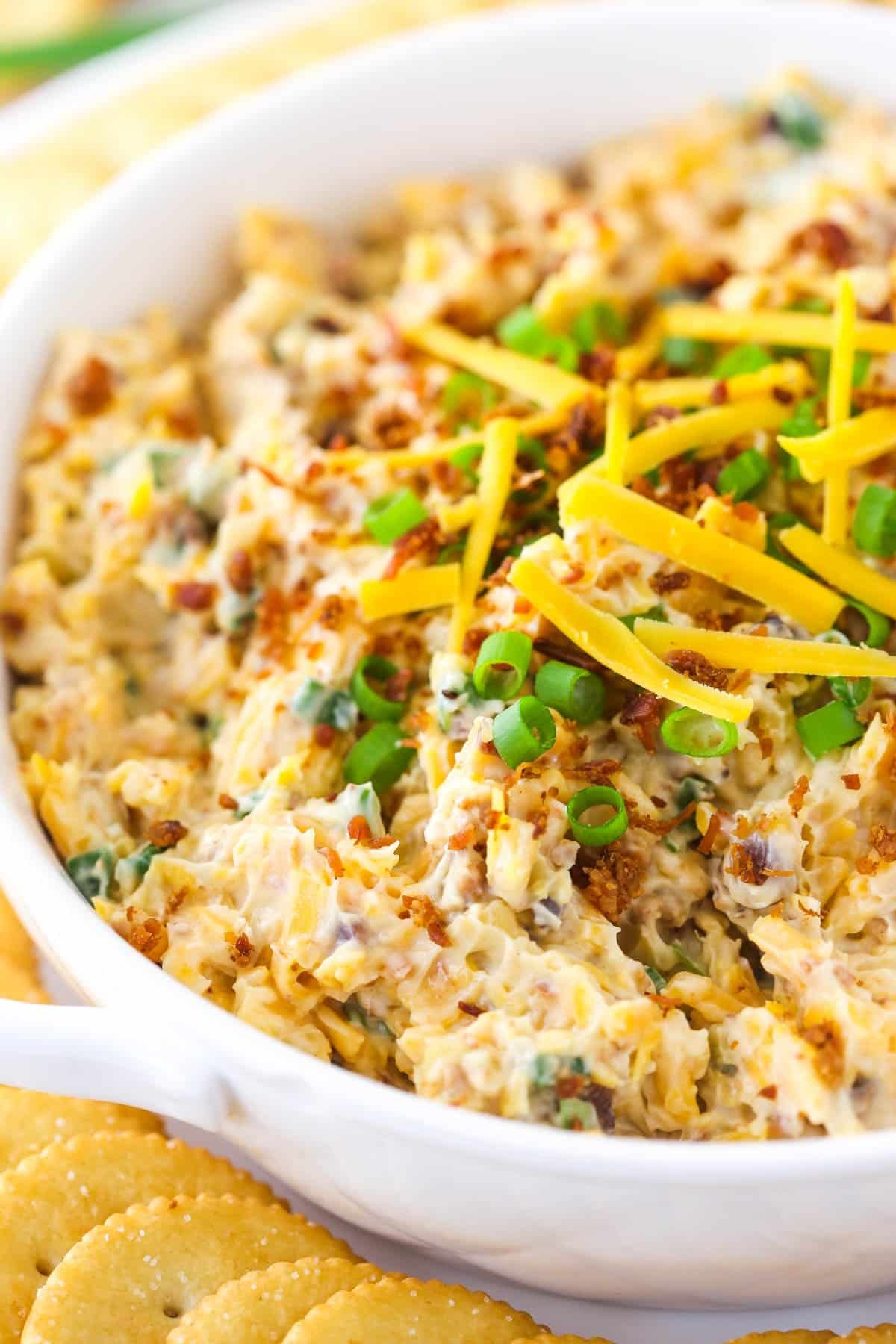 Million Dollar Dip is quick and made with only 5 ingredients - bacon, cheese, green onions, almonds, and mayo. A perfect game day snack! Close up of million dollar dip and ritze crackers