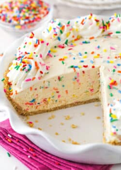 cake batter ice cream pie with a slice removed