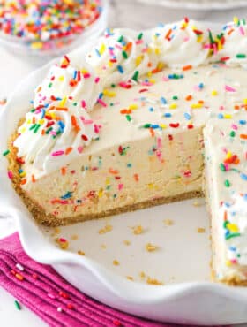 cake batter ice cream pie with a slice removed