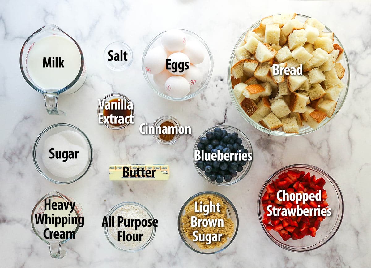 Ingredients for berry French toast casserole.