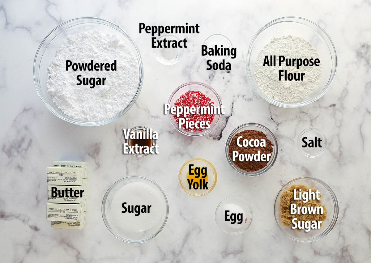 Ingredients needed to make Peppermint Frosted Chocolate Cookies with text labels.