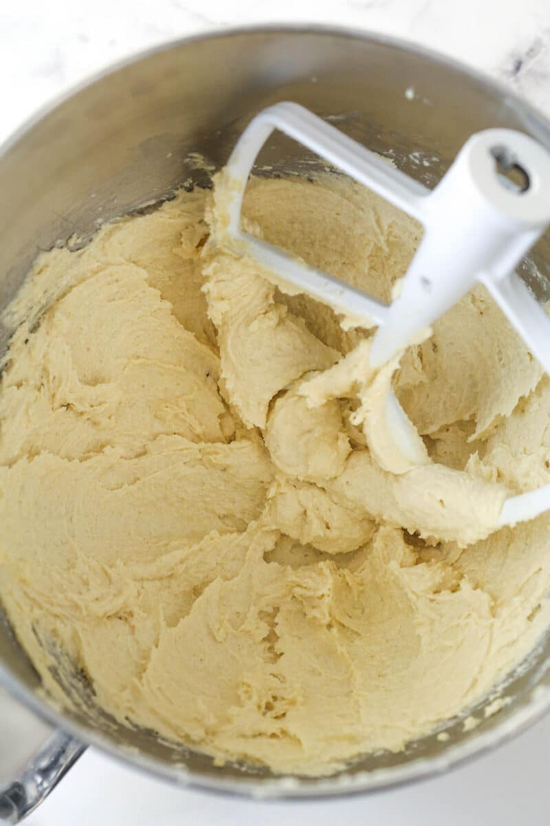 Creamed butter and sugar in a mixing bowl.
