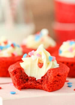 Red Velvet Cheesecake Cookie with bite taken out